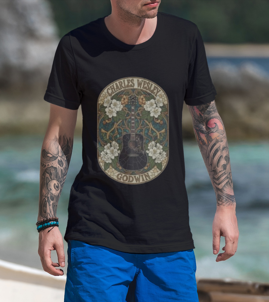 Charles Wesley Godwin Guitar Floral Art Nouveau Style With White Flowers T-Shirt