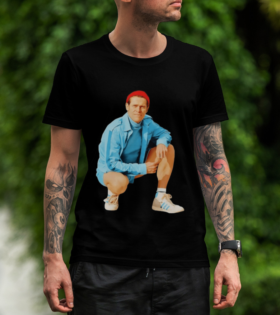 Klaus Willem Dafoe Retro Style With Red Beanie And Blue Tracksuit T-Shirt