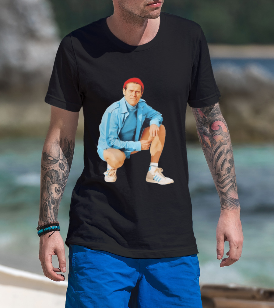 Klaus Willem Dafoe Retro Style With Red Beanie And Blue Tracksuit T-Shirt