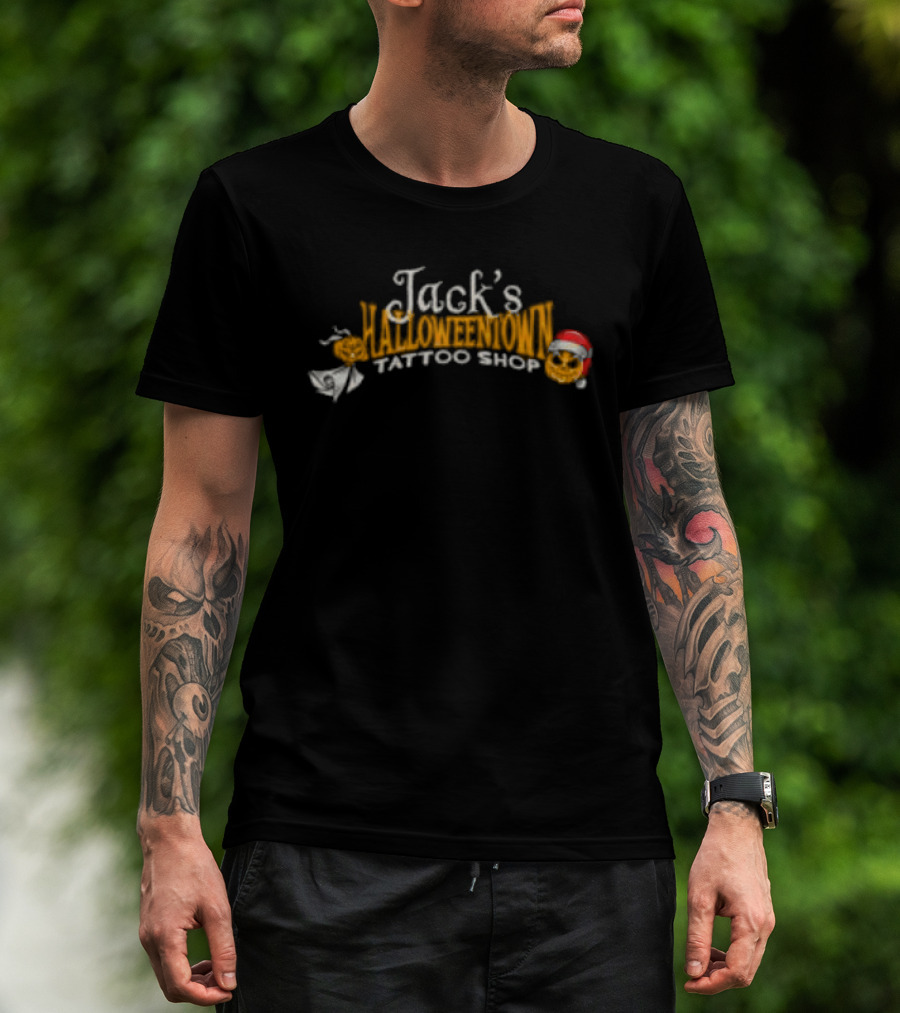 Lostbrostradingco Jack's Halloweentown Tattoo Shop Christmas Santa Hat T-Shirt