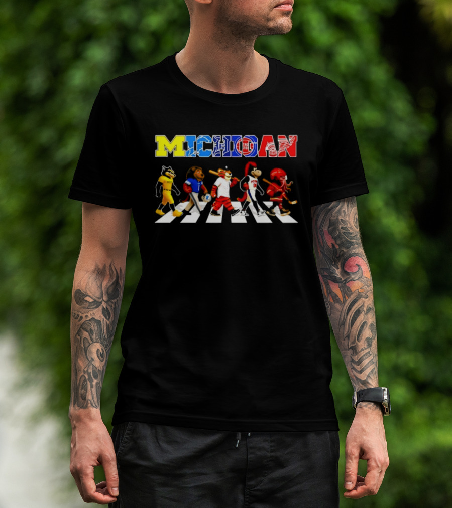 Michigan Sports Mascots Abbey Road Detroit Lions Pistons Tigers Red Wings Wolverine T-Shirt
