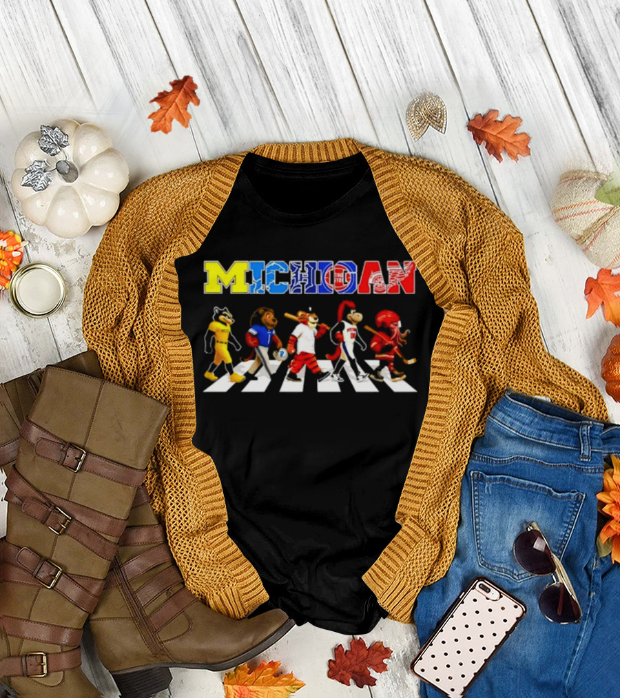 Michigan Sports Mascots Abbey Road Detroit Lions Pistons Tigers Red Wings Wolverine T-Shirt