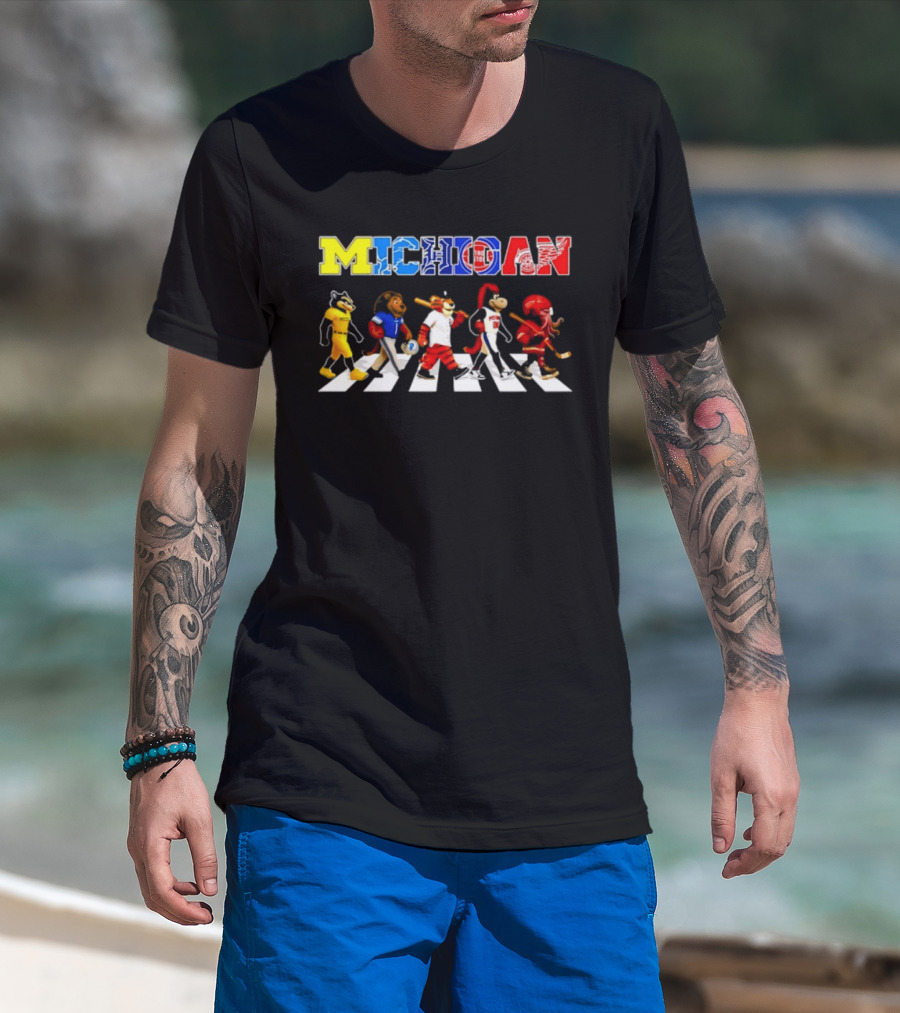 Michigan Sports Mascots Abbey Road Detroit Lions Pistons Tigers Red Wings Wolverine T-Shirt