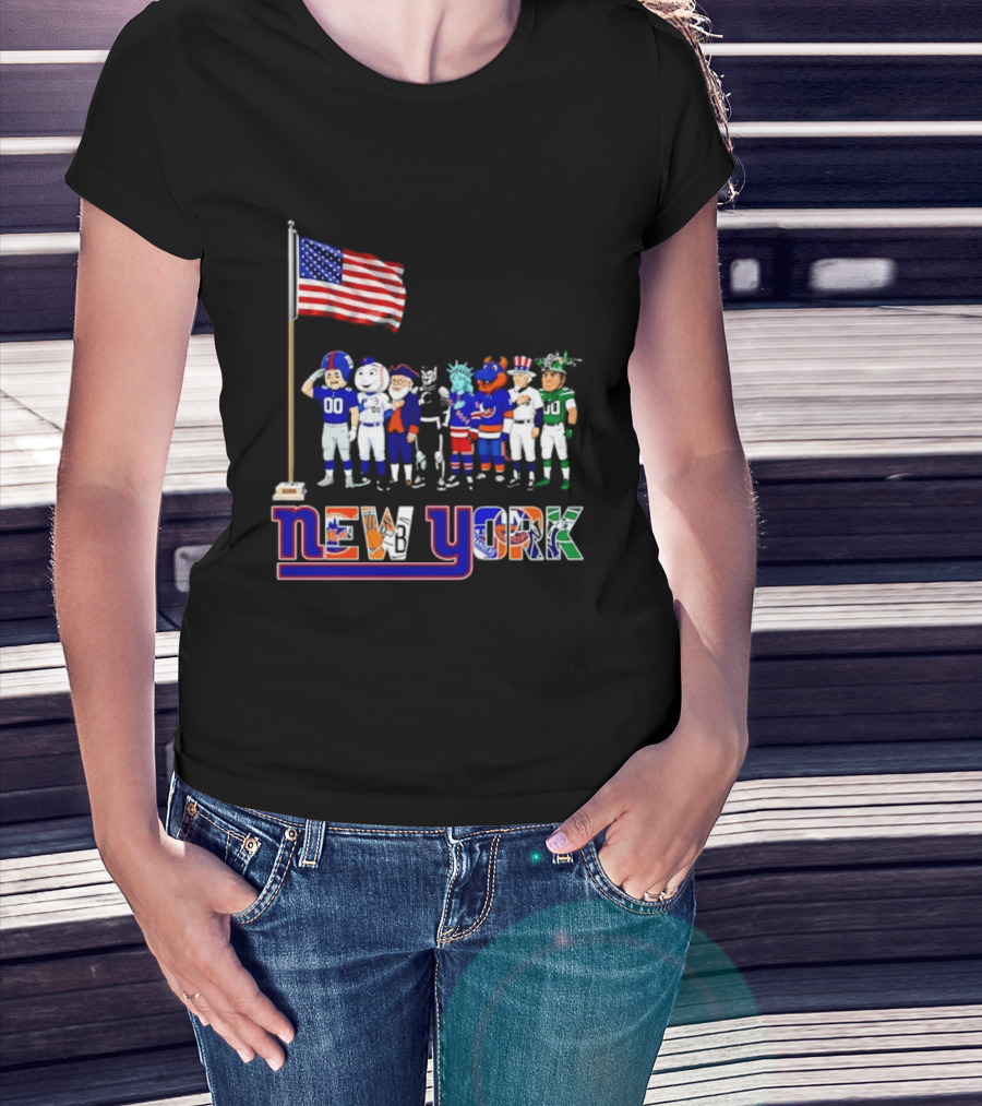 New York Sports Teams Mascots American Flag Giants Yankees Mets Rangers Knicks Jets T-Shirt
