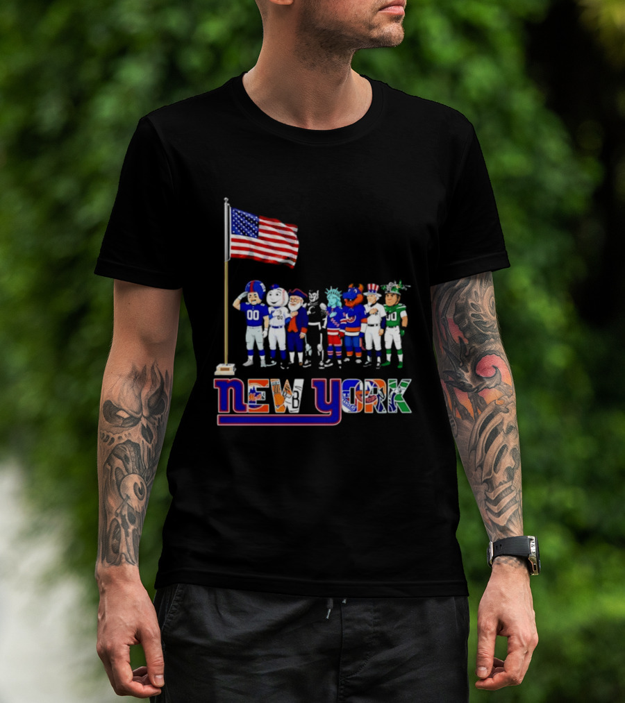 New York Sports Teams Mascots American Flag Giants Yankees Mets Rangers Knicks Jets T-Shirt
