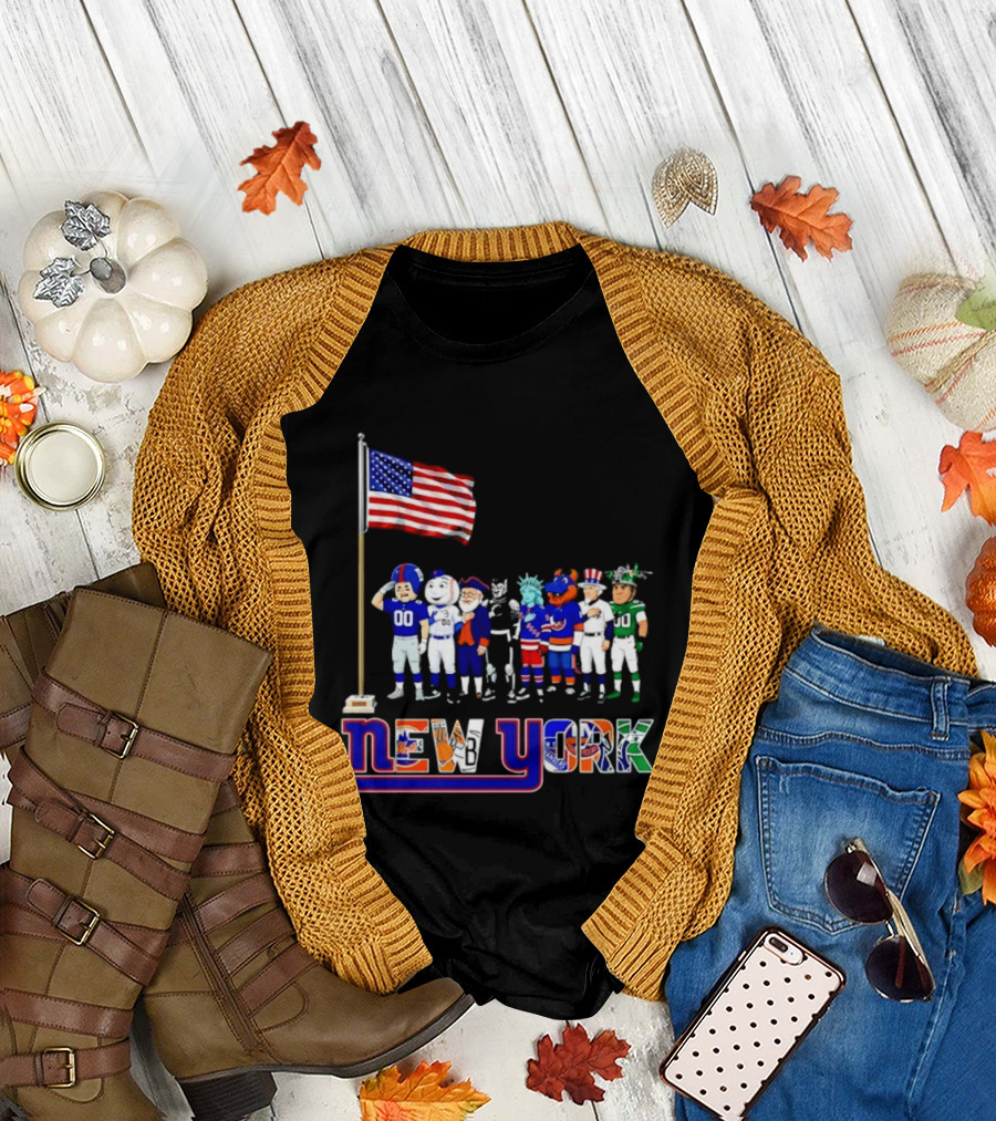 New York Sports Teams Mascots American Flag Giants Yankees Mets Rangers Knicks Jets T-Shirt
