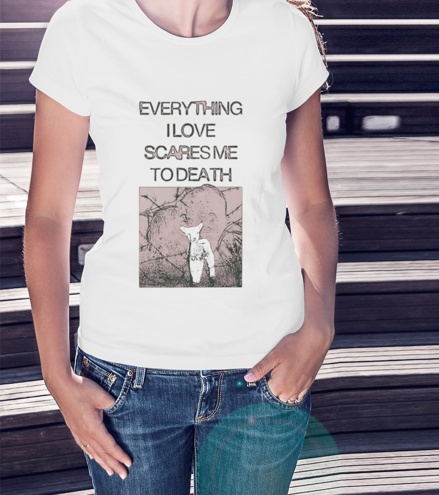Everything I Love Scares Me To Death Existential Dread Sheep On Red T-Shirt