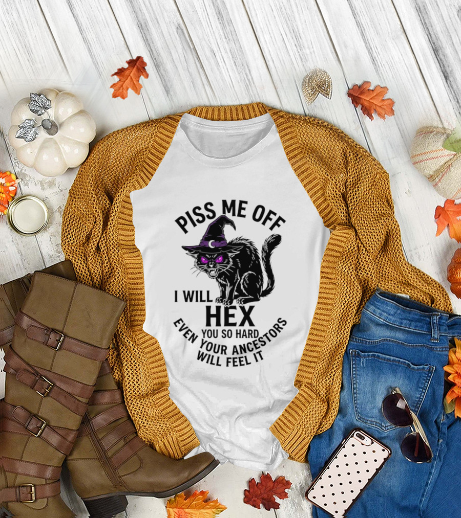Piss Me Off I Will Hex You So Hard Even Your Ancestors Will Feel It Black Cat Purple Eyes Witch Hat T-Shirt