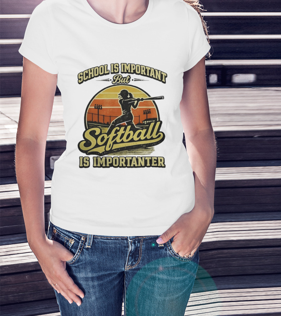 School Is Important But Softball Is Importanter Retro Silhouette Batter T-Shirt