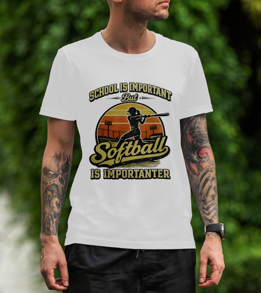 School Is Important But Softball Is Importanter Retro Silhouette Batter T-Shirt