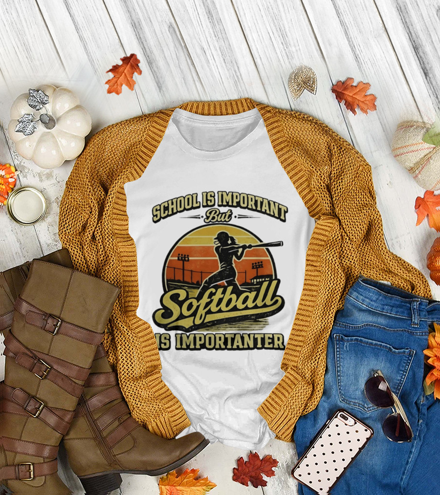School Is Important But Softball Is Importanter Retro Silhouette Batter T-Shirt