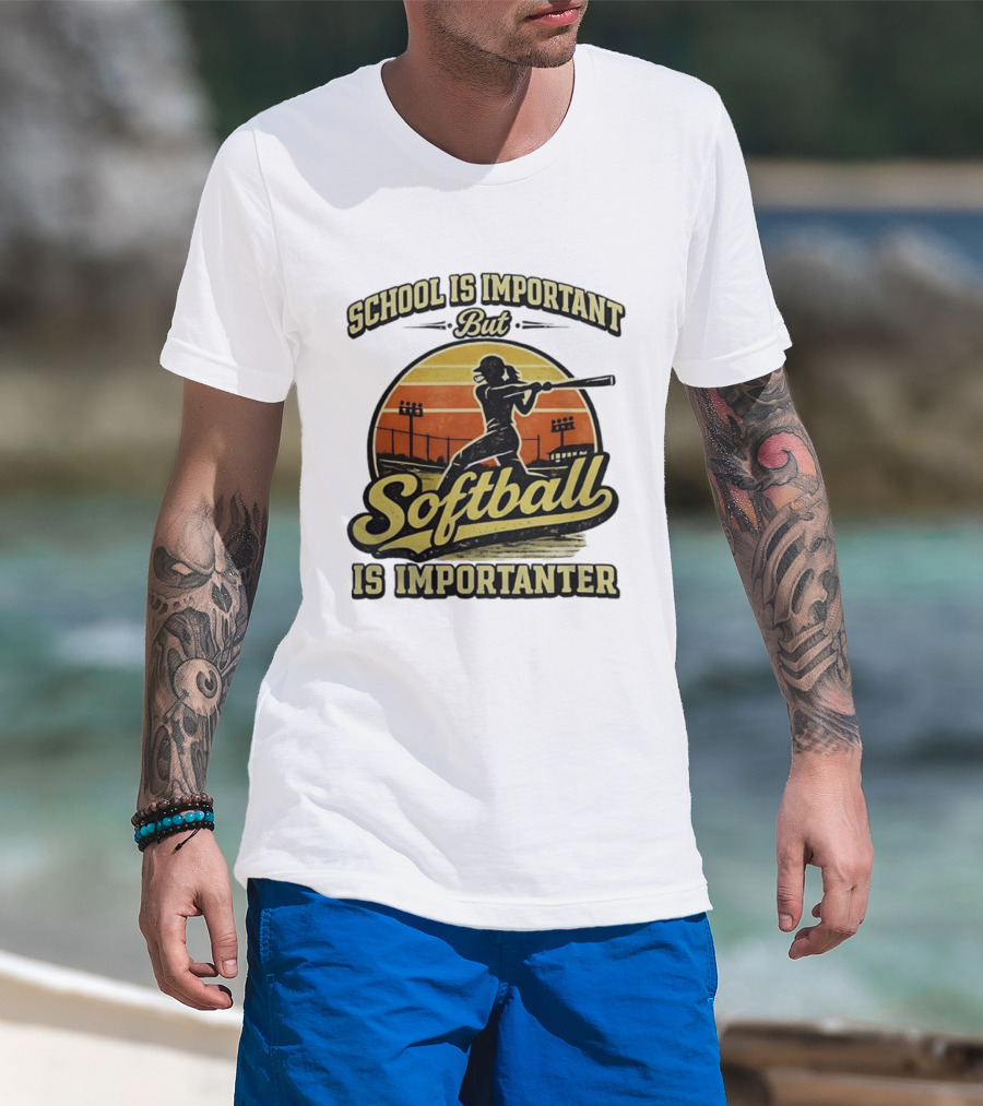 School Is Important But Softball Is Importanter Retro Silhouette Batter T-Shirt