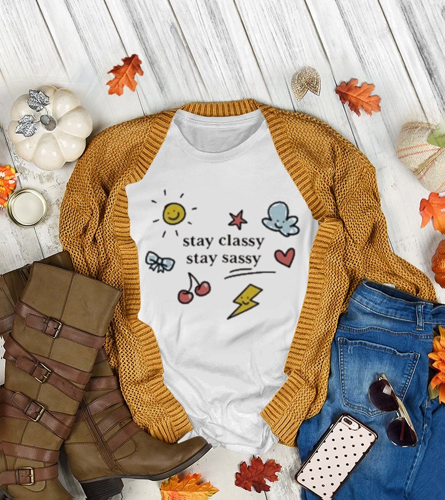 Stay Classy Stay Sassy Doodle Sun Bow Cherry Cloud Heart Star Bolt T-Shirt