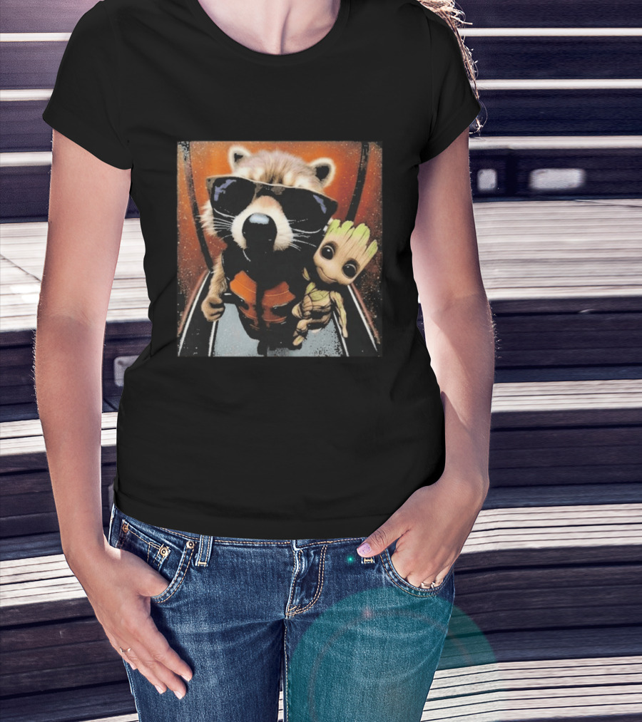 John Bates Raccoon And Baby Tree Alien With Sunglasses And Orange Suit T-Shirt