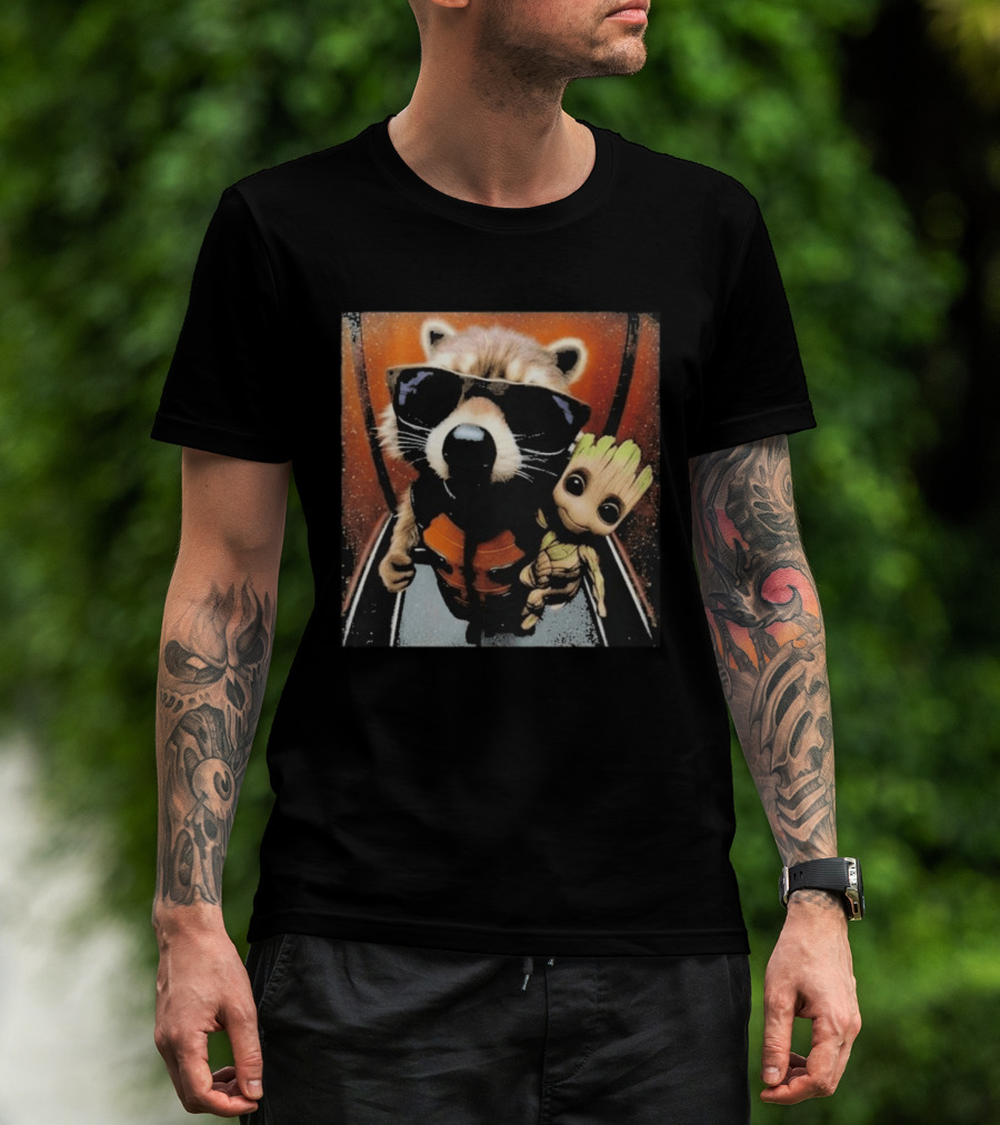 John Bates Raccoon And Baby Tree Alien With Sunglasses And Orange Suit T-Shirt