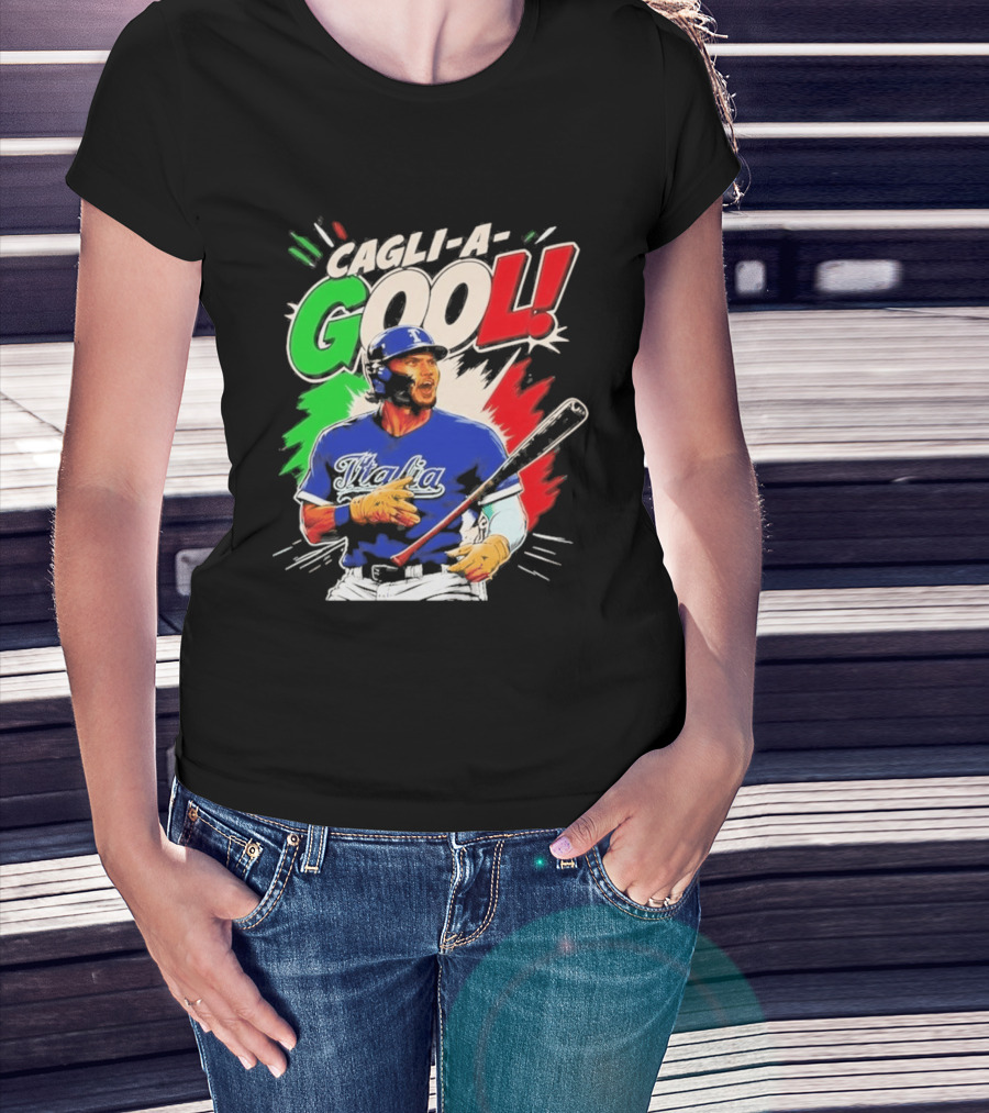 Cagli A Gool Italia Baseball Player Hitter With Italian Flag T-Shirt