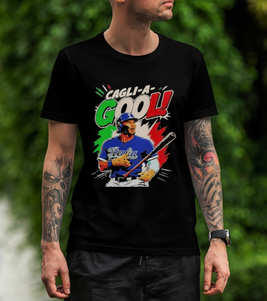 Cagli A Gool Italia Baseball Player Hitter With Italian Flag T-Shirt
