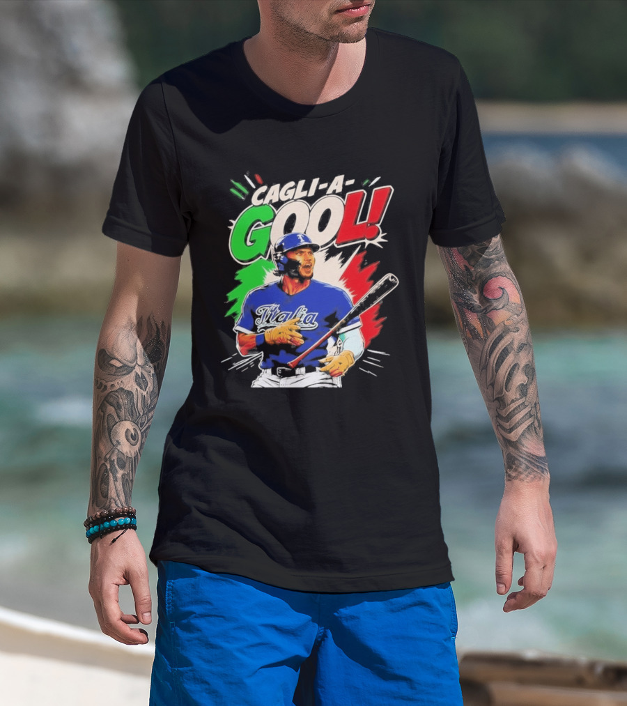 Cagli A Gool Italia Baseball Player Hitter With Italian Flag T-Shirt