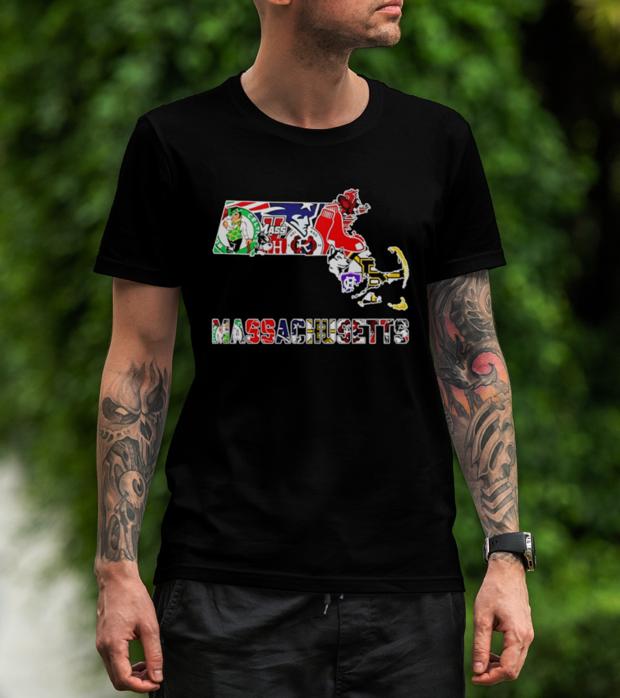 Massachusetts Sports Teams Collage Map Celtics Patriots Red Sox Bruins Revolution T-Shirt