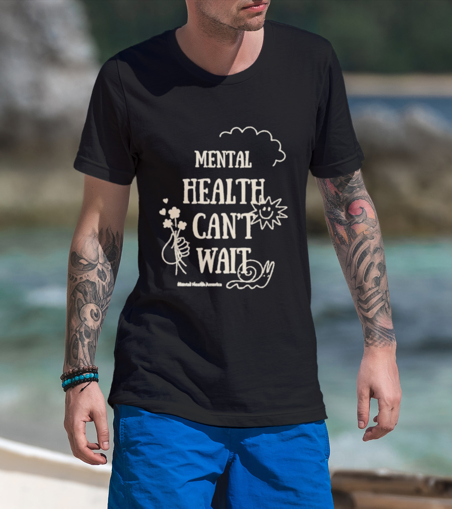 Mental Health Can't Wait Sunshine Smiley Handholding Flowers Snail Cloud T-Shirt
