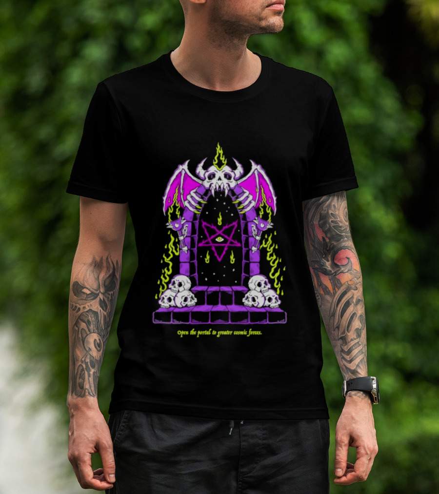 Open The Portal To Greater Cosmic Forces Pentagram Skull With Bat Wings And All Seeing Eye T-Shirt