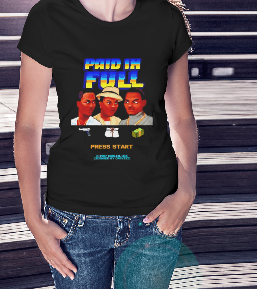 Paid In Full Press Start 1987 Harlem USA Three Figures With Hat Necklace And Gun T-Shirt