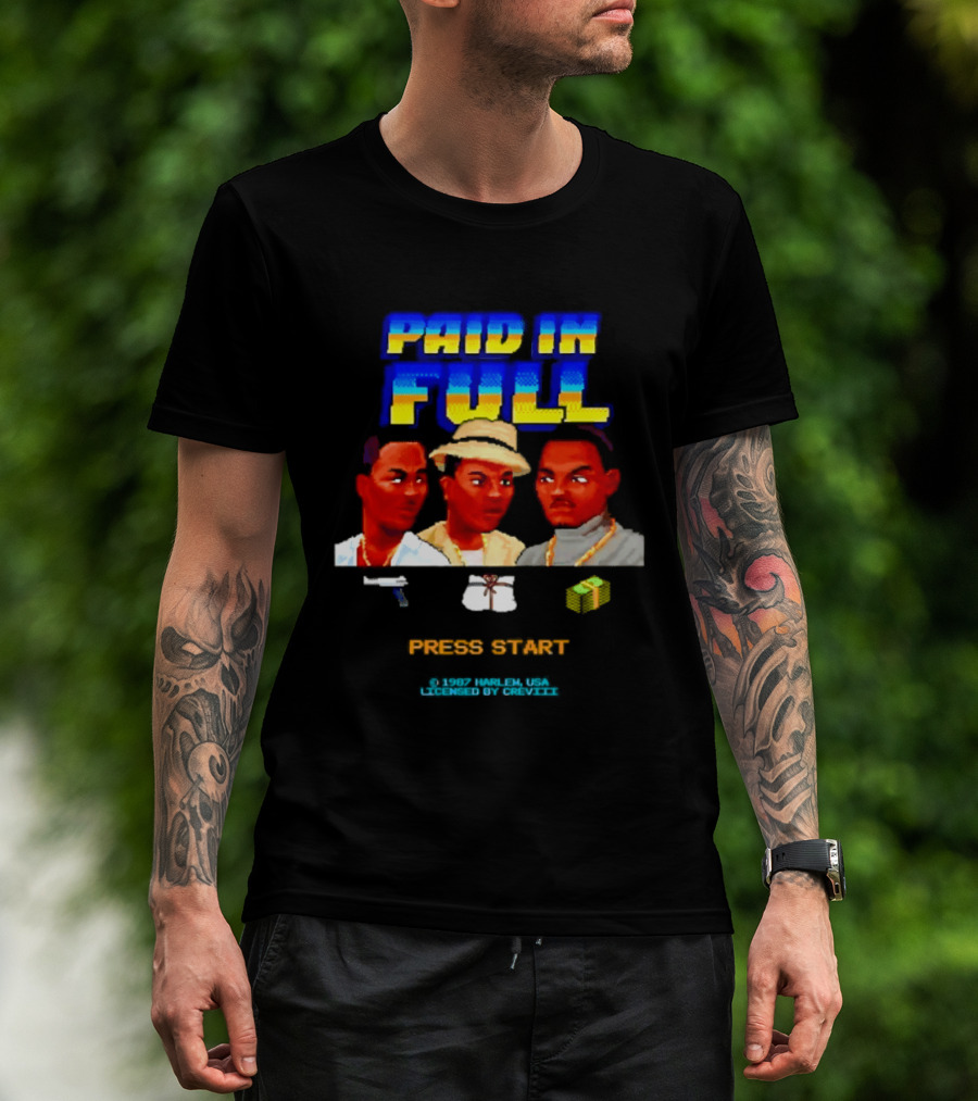 Paid In Full Press Start 1987 Harlem USA Three Figures With Hat Necklace And Gun T-Shirt