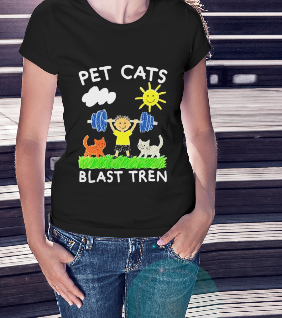 Pet Cats Blast Tren Bodybuilding Gym Child With Weights Sun And Clouds T-Shirt