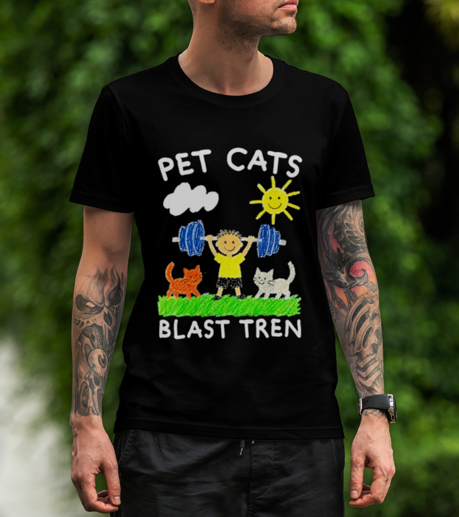 Pet Cats Blast Tren Bodybuilding Gym Child With Weights Sun And Clouds T-Shirt