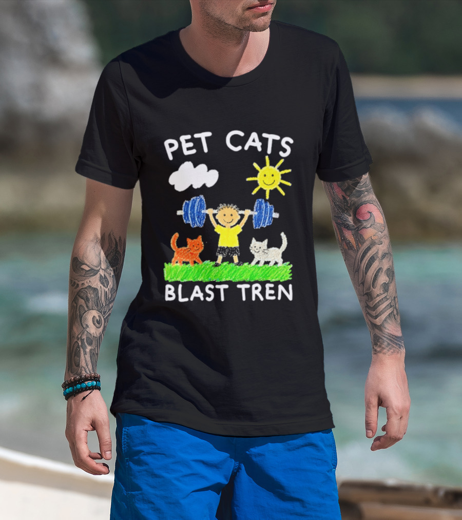 Pet Cats Blast Tren Bodybuilding Gym Child With Weights Sun And Clouds T-Shirt