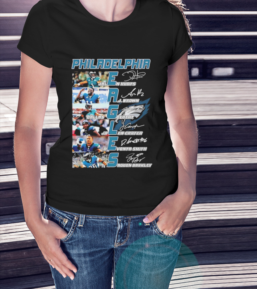 Philadelphia Eagles Jalen Hurts AJ Brown Dallas Goedert Jalen Carter DeVonta Smith Saquon Barkley Signatures Team T-Shirt