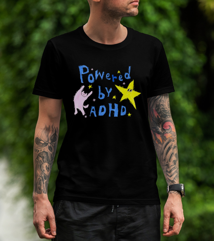 Powered By ADHD Neurodivergent Star And Cat With Yellow Stars T-Shirt