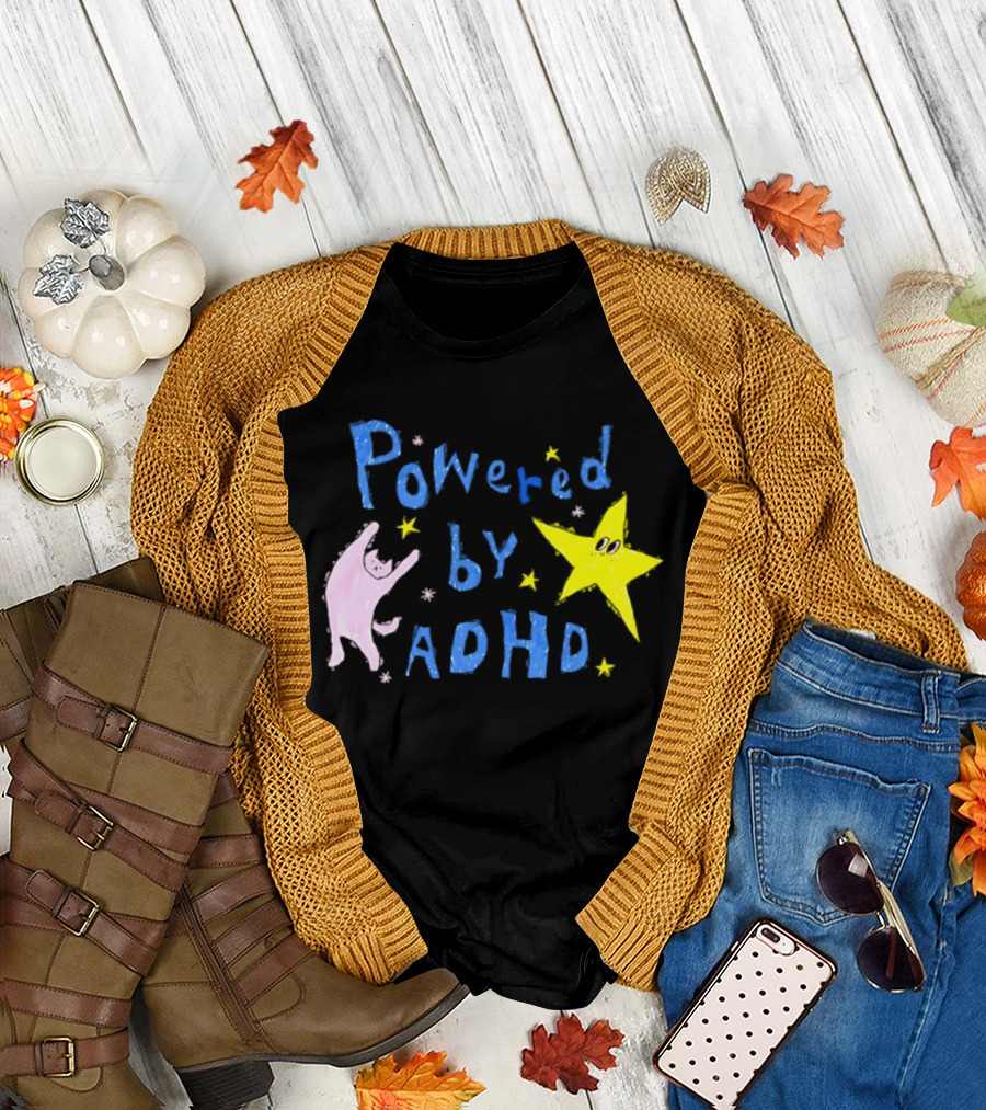 Powered By ADHD Neurodivergent Star And Cat With Yellow Stars T-Shirt