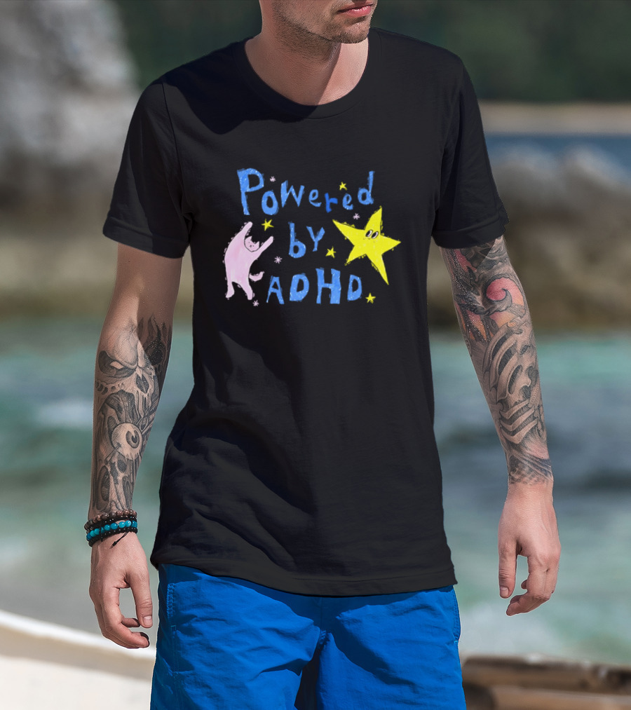 Powered By ADHD Neurodivergent Star And Cat With Yellow Stars T-Shirt
