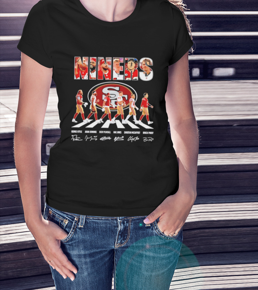 San Francisco 49ers George Kittle Jauan Jennings Ricky Pearsall Mac Jones Christian McCaffrey NINERS Walk NFL Legends Signatures T-Shirt