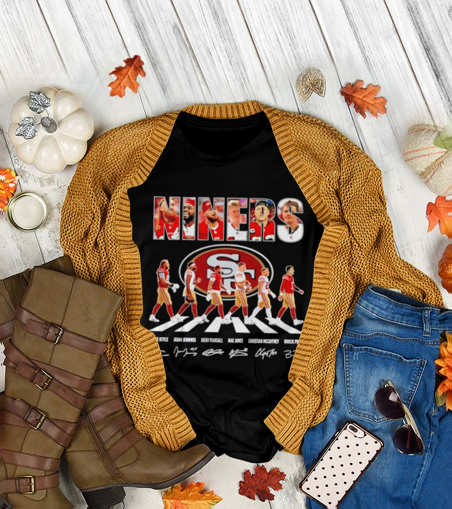 San Francisco 49ers George Kittle Jauan Jennings Ricky Pearsall Mac Jones Christian McCaffrey NINERS Walk NFL Legends Signatures T-Shirt