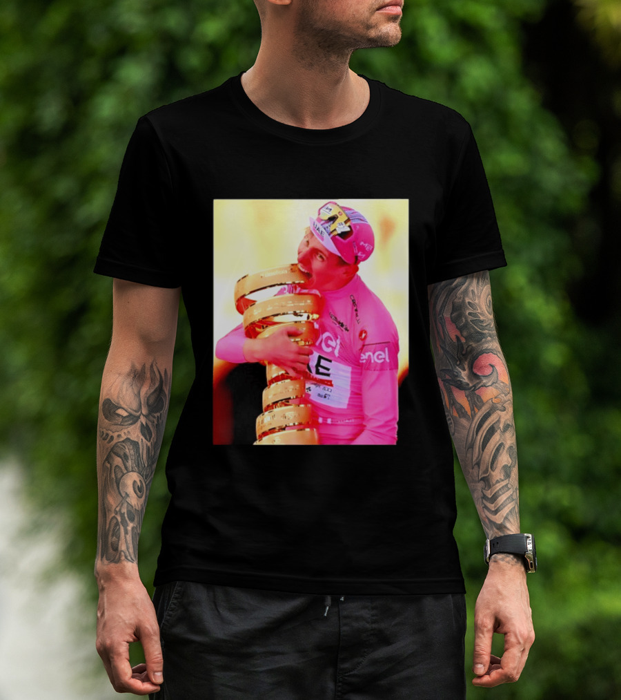 Tadej Pogacar 2024 Giro D'Italia Trophy Celebration In Pink Jersey T-Shirt