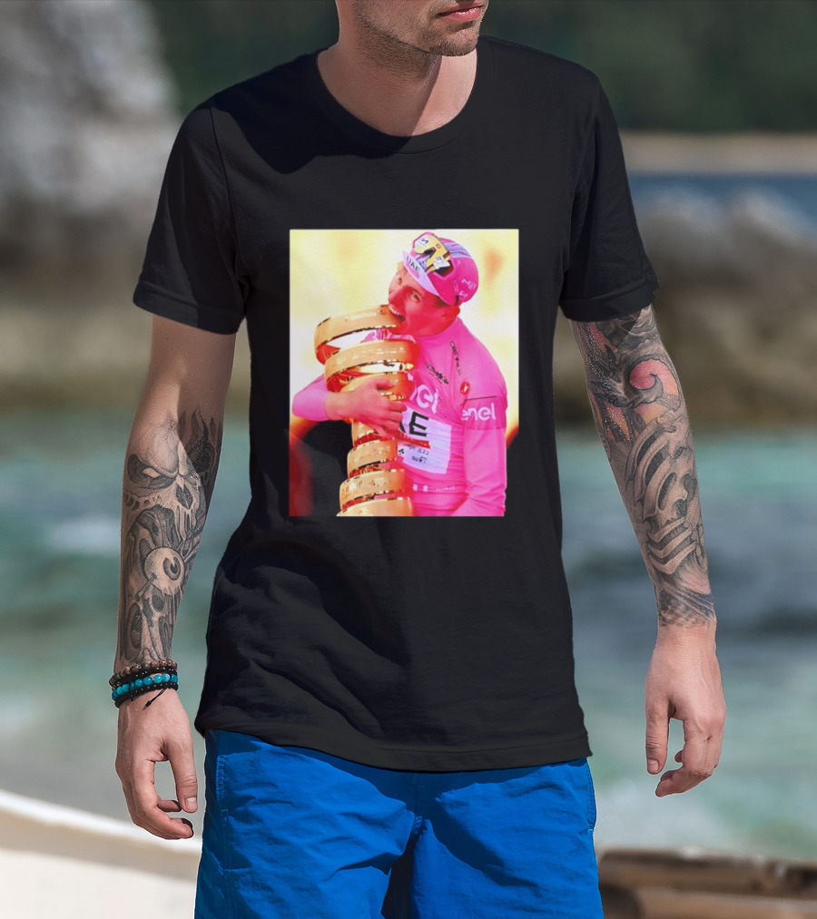 Tadej Pogacar 2024 Giro D'Italia Trophy Celebration In Pink Jersey T-Shirt