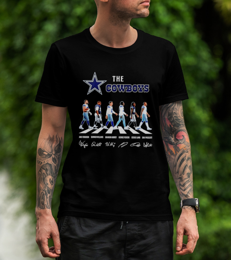 The Cowboys Jake Ferguson Brandon Aubrey Abbey Road Signatures Dak Prescott CeeDee Lamb Quinnen Williams George Pickens T-Shirt