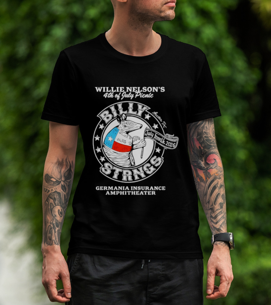 Willie Nelson's 4th Of July Picnic Billy Strings Germania Insurance Amphitheater Texas Flag Guitar T-Shirt