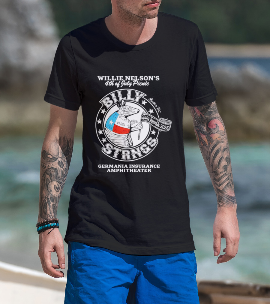 Willie Nelson's 4th Of July Picnic Billy Strings Germania Insurance Amphitheater Texas Flag Guitar T-Shirt