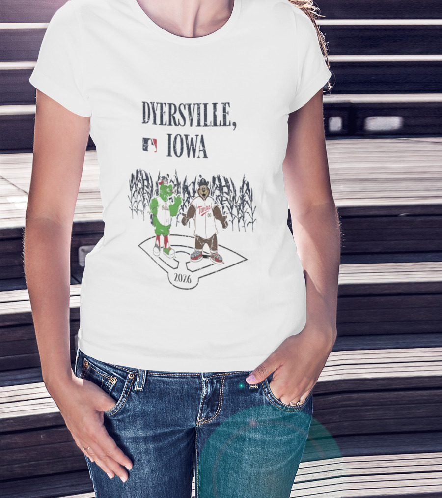 Dyersville Iowa 2026 MLB Philadelphia Phillies Vs Minnesota Twins Phillie Phanatic T.C. Bear Field Of Dreams T-Shirt