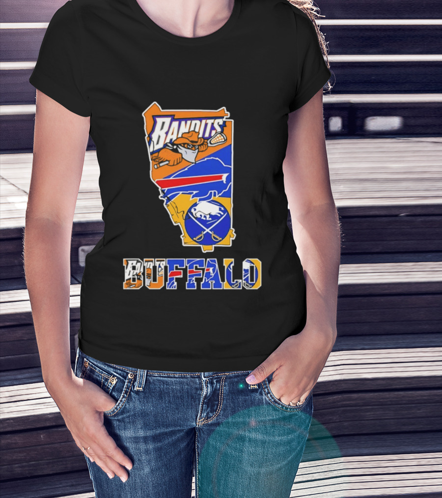 Buffalo Bandits Bills Sabres New York Sports Team Map Collage T-Shirt