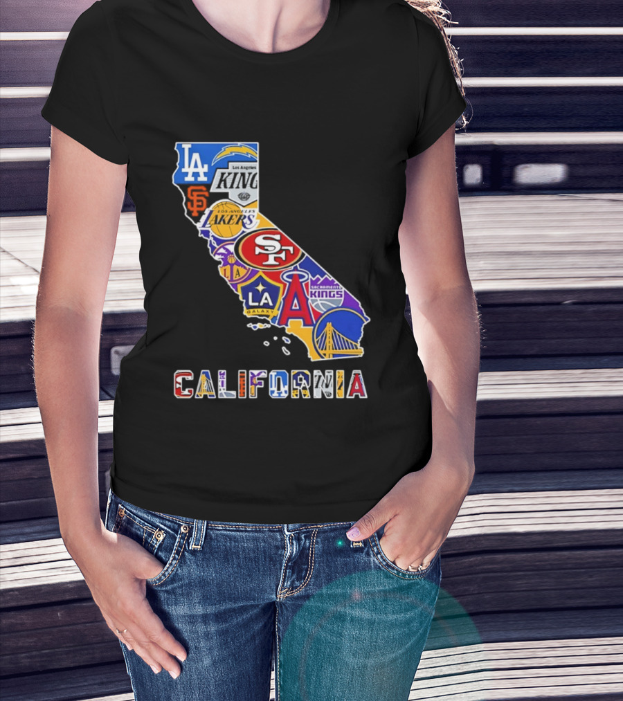 California Map Collage With 49ers Lakers Kings Giants Angels Dodgers Logos 2026 T-Shirt
