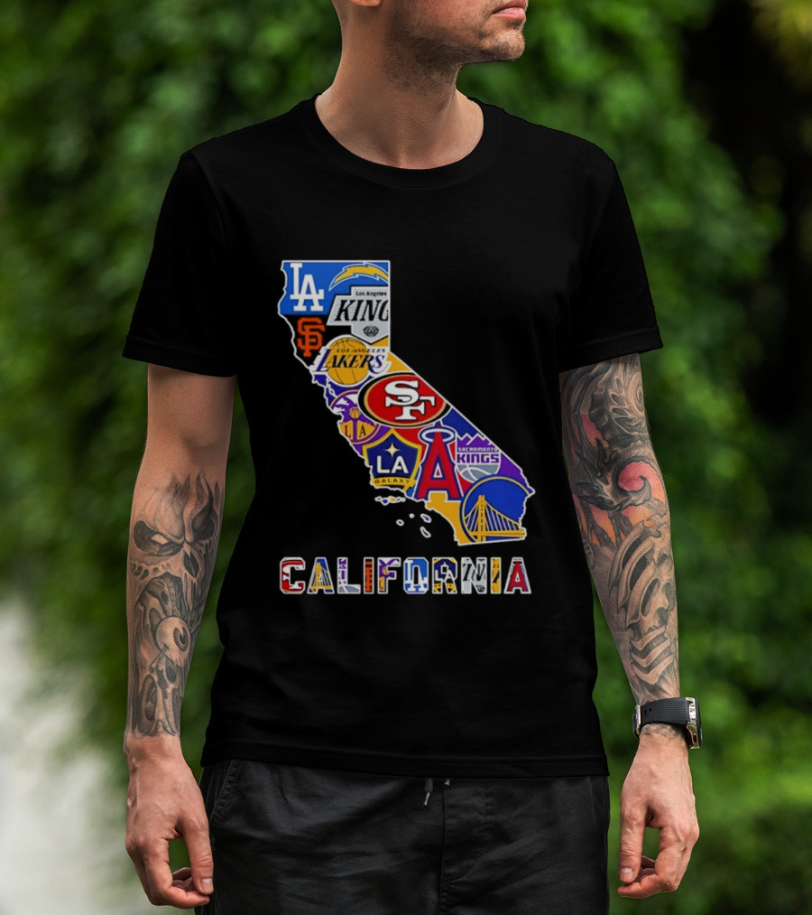 California Map Collage With 49ers Lakers Kings Giants Angels Dodgers Logos 2026 T-Shirt