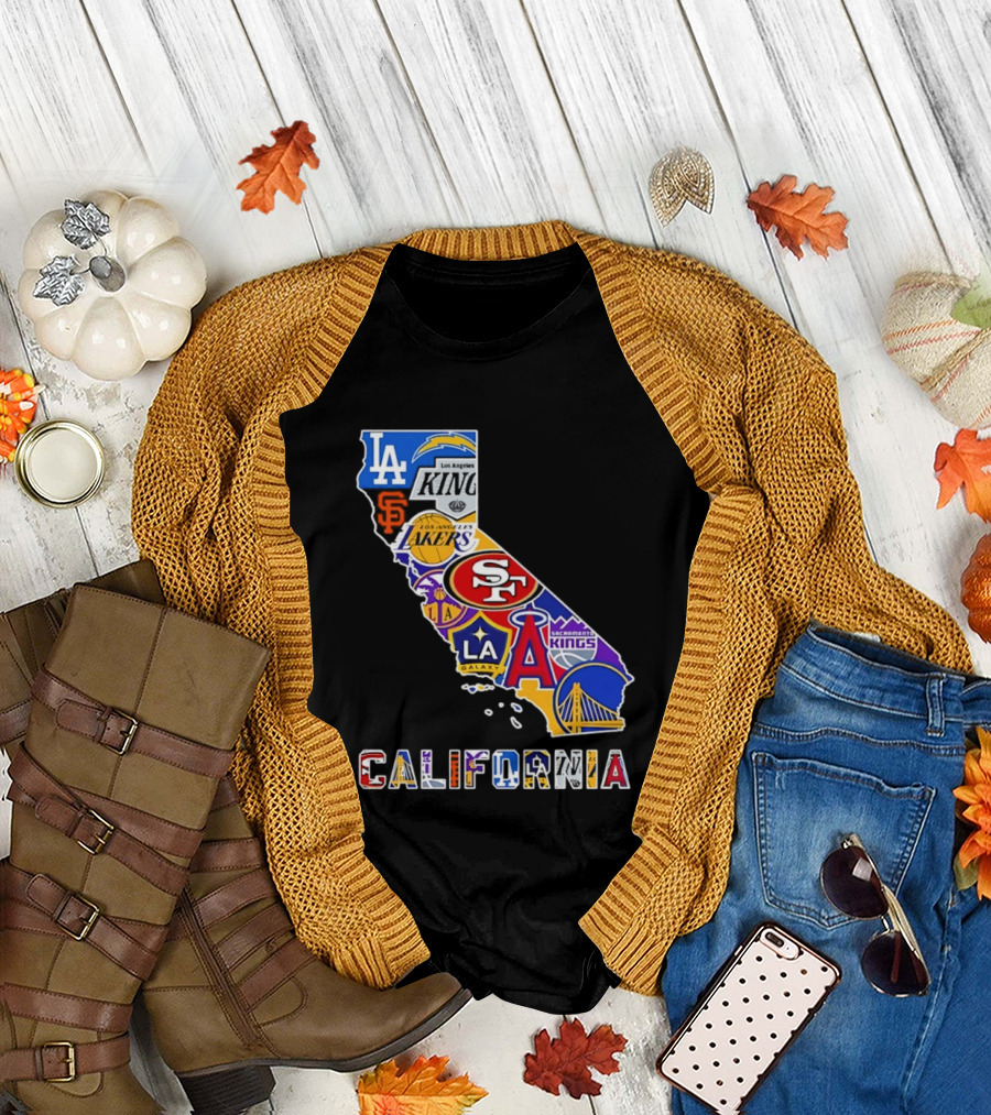 California Map Collage With 49ers Lakers Kings Giants Angels Dodgers Logos 2026 T-Shirt