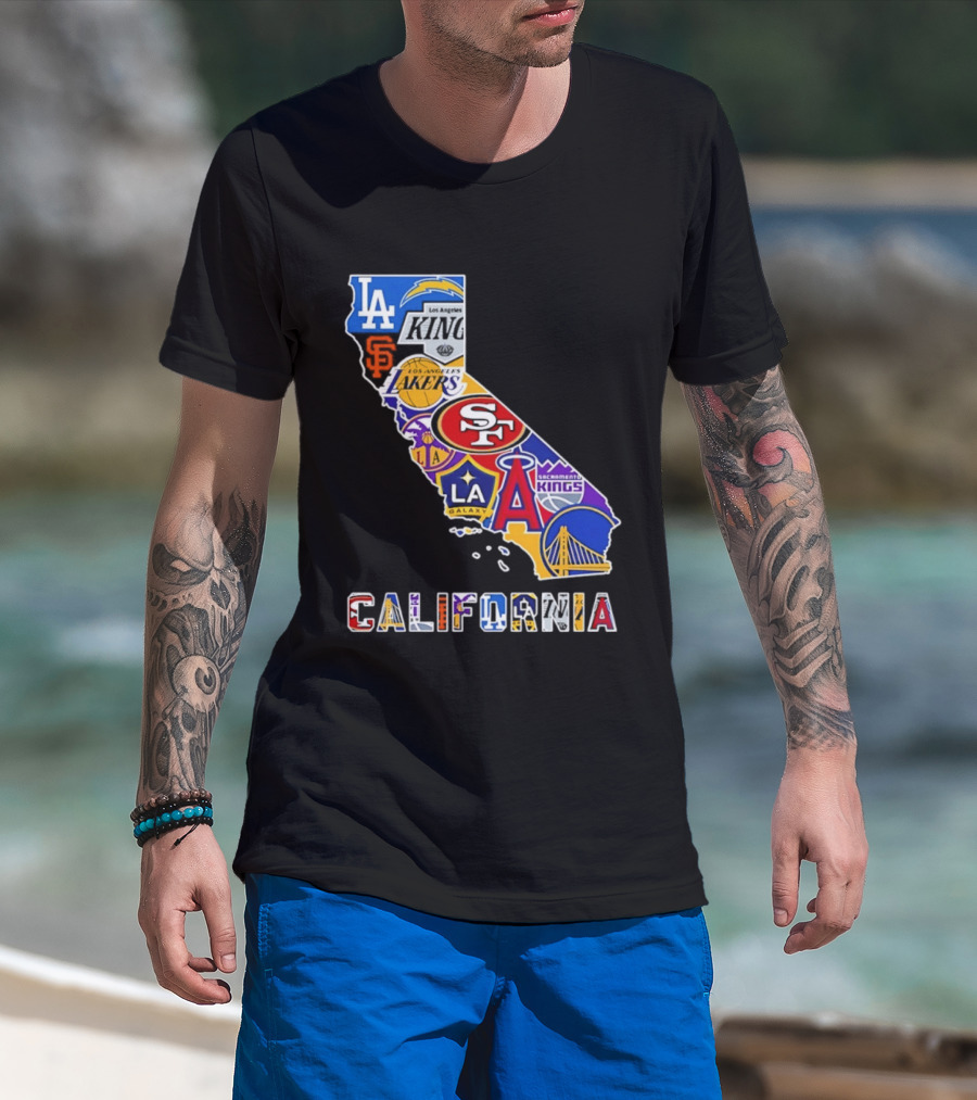California Map Collage With 49ers Lakers Kings Giants Angels Dodgers Logos 2026 T-Shirt