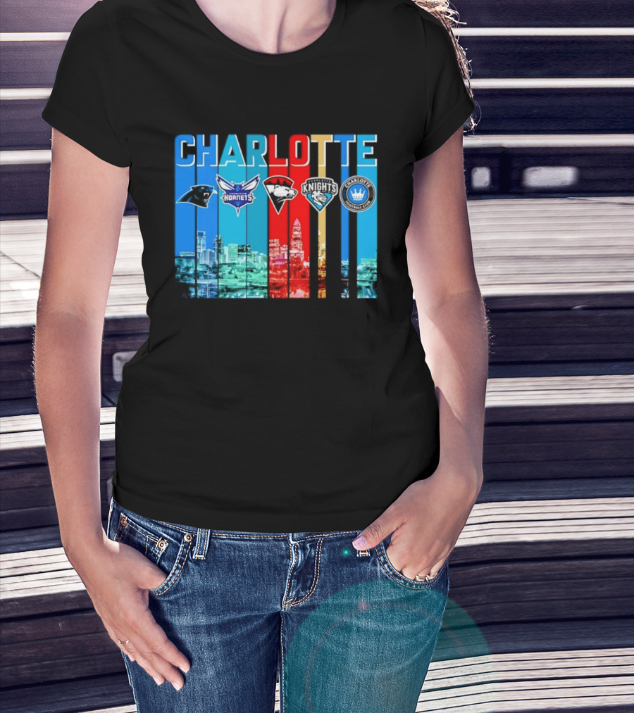 Charlotte Panthers Hornets Knights City Skyline Sports Team Logos T-Shirt