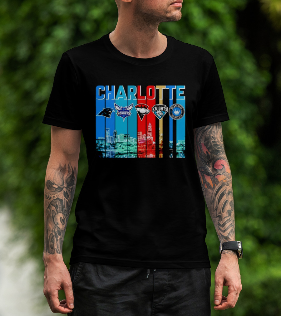 Charlotte Panthers Hornets Knights City Skyline Sports Team Logos T-Shirt