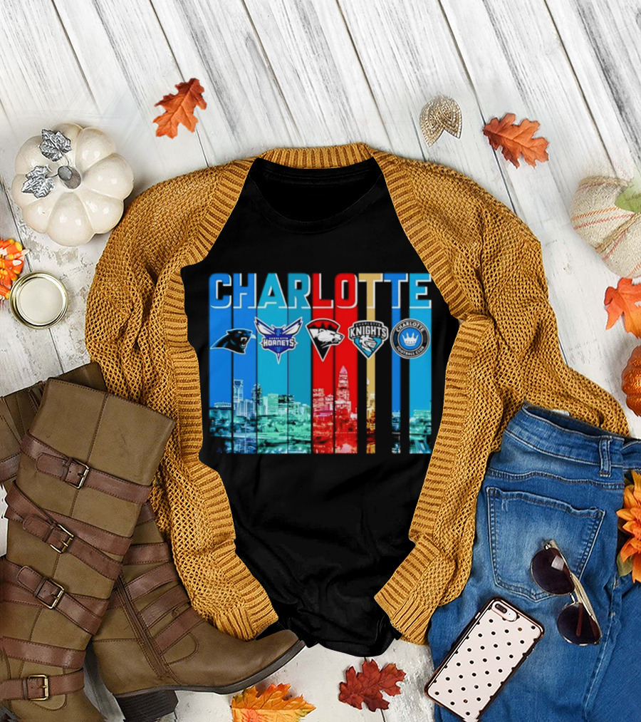 Charlotte Panthers Hornets Knights City Skyline Sports Team Logos T-Shirt